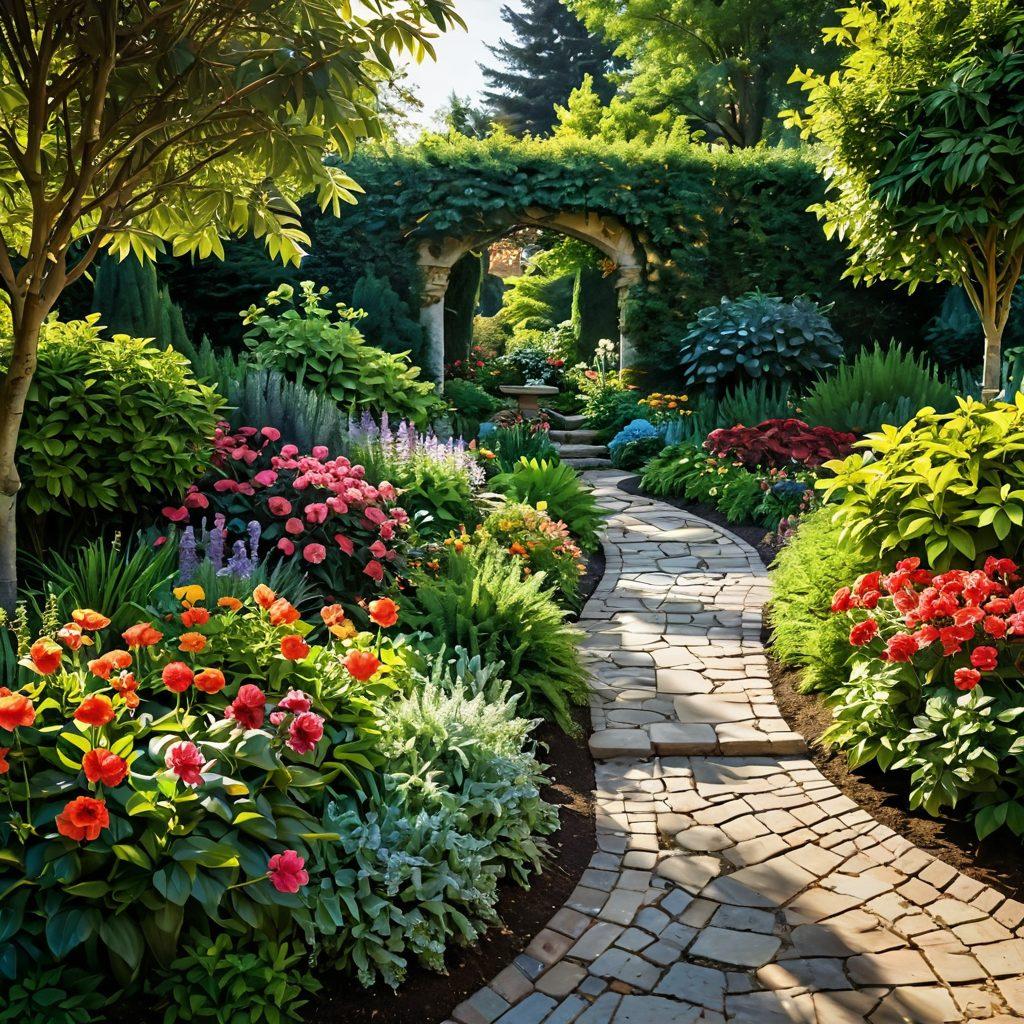 A lush garden scene brimming with vibrant flowers in a variety of colors, surrounded by neatly trimmed hedges and elegant stone pathways. A gardener, equipped with tools, tends to the plants with a gentle touch, showcasing love and care. Include garden design elements like decorative pots and garden art, highlighting the harmony between flora and design. Captivating sunlight filtering through leaves, illuminating the garden. super-realistic. vibrant colors. dreamy atmosphere.