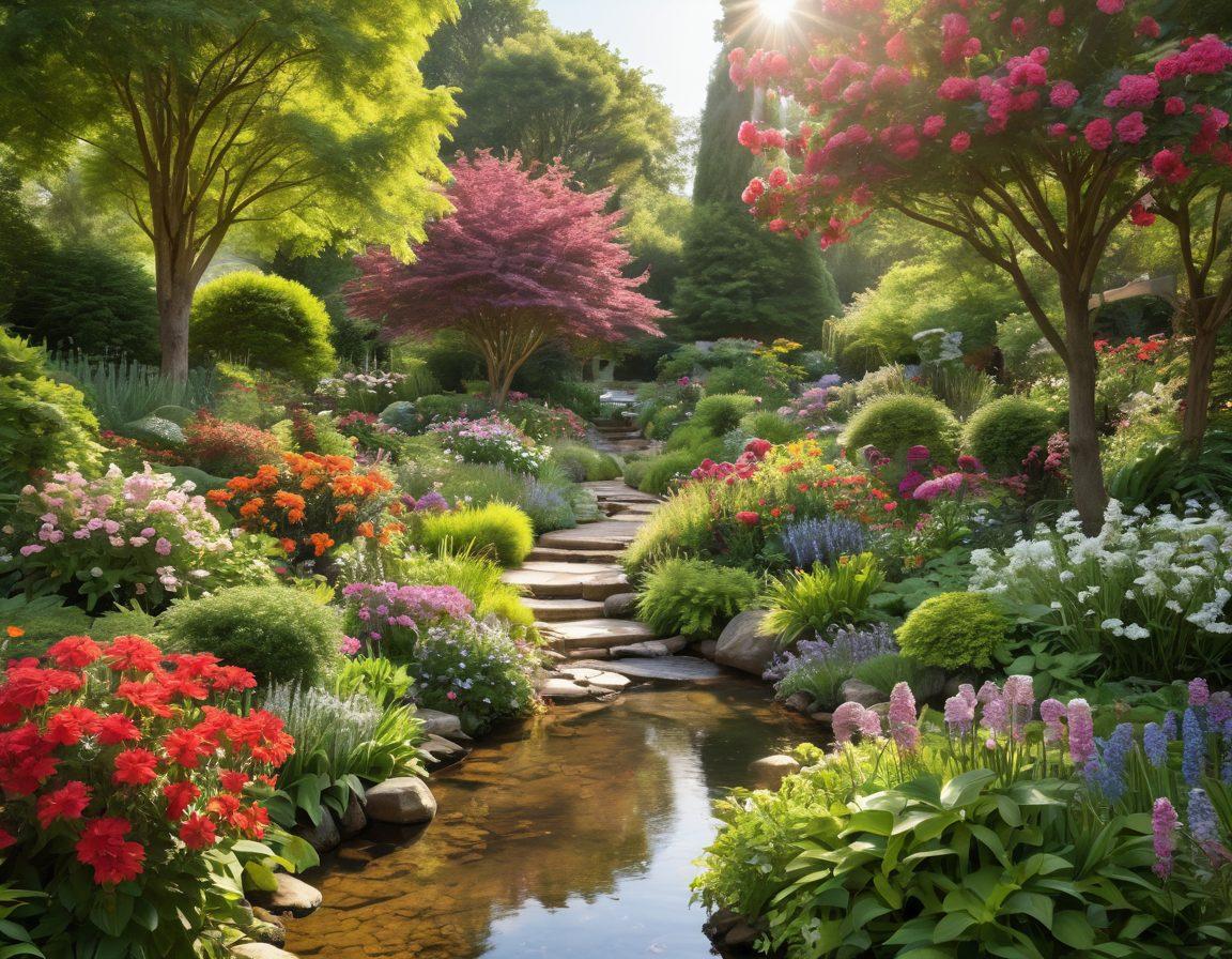 A serene garden scene featuring a diverse array of trees, each labeled with unique identification tags, surrounded by vibrant flowers and lush greenery. A gentle stream flows through the background, with a gardener lovingly tending to the plants, illustrating sustainable gardening practices. Bright sunlight filters through the leaves, creating a warm and inviting atmosphere. super-realistic. vibrant colors. natural lighting.